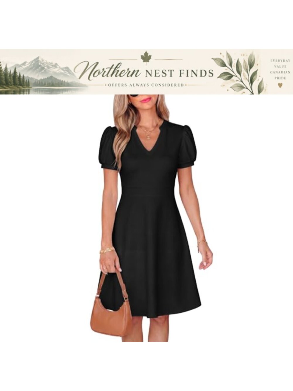 V Neck Puff Sleeve High Waist A-Line Midi Dress